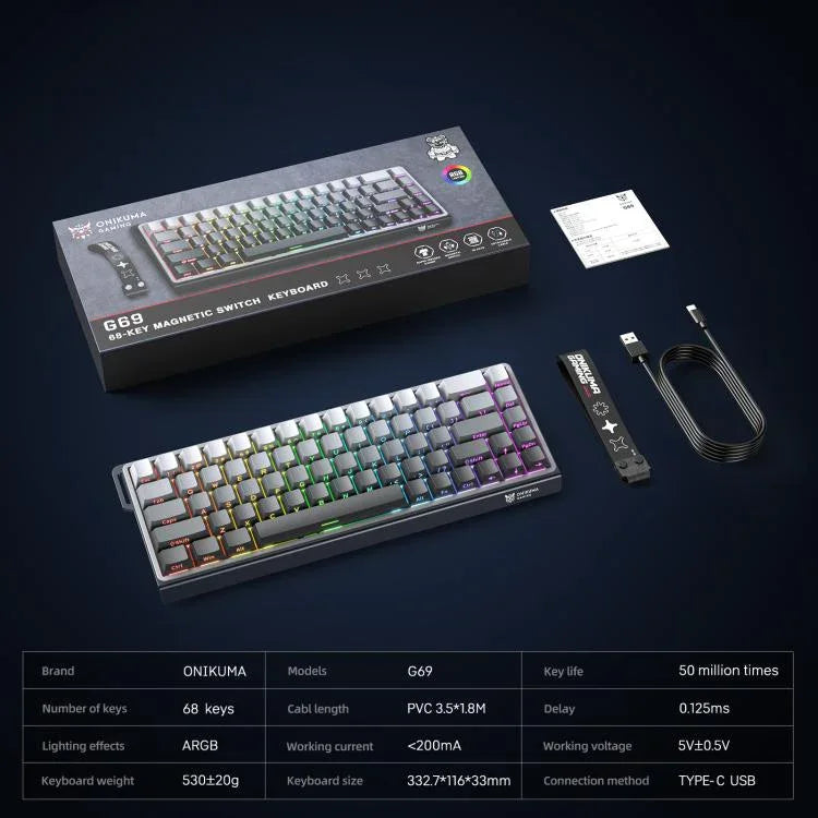 ONIKUMA G69 Teclado com Eixo Magnético com Fio e Iluminação RGB, 68 Teclas