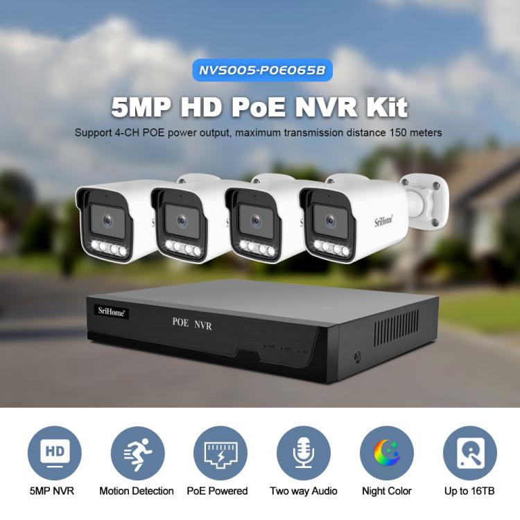 Kit Gravador de Vídeo em Rede com Câmara POE 4-Canais HD 5MP SriHome NVS005-POE065, 5MP 4-Canais