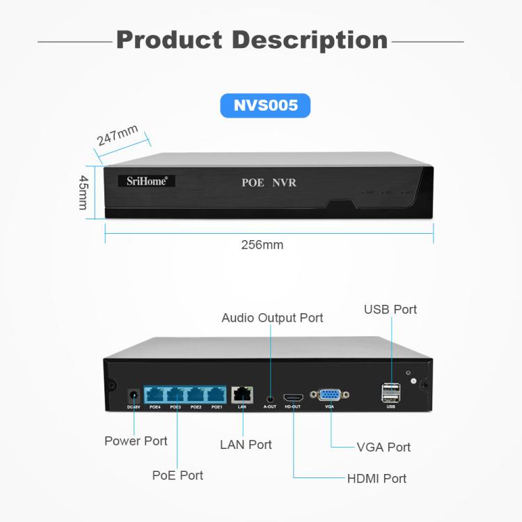 Kit Gravador de Vídeo em Rede com Câmara POE 4-Canais HD 5MP SriHome NVS005-POE065, 5MP 4-Canais