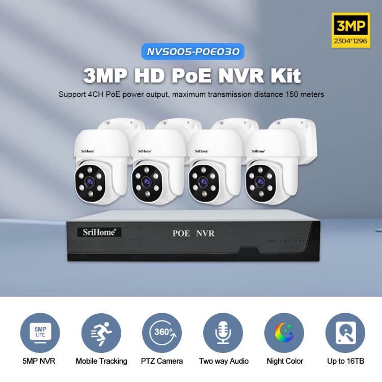 Kit Gravador de Vídeo em Rede com Câmara POE 4-Canais HD 3MP SriHome NVS005-POE030, 3MP 4-Canais