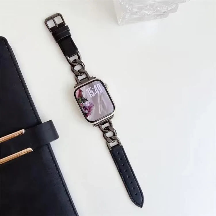 Bracelete xDfind Híbrida em Metal e Couro com Corrente de Ganga, Para Apple Watch 42 / 44 / 45 / 46 / 49mm, Para Apple Watch 38 / 40 / 41 / S10 42mm