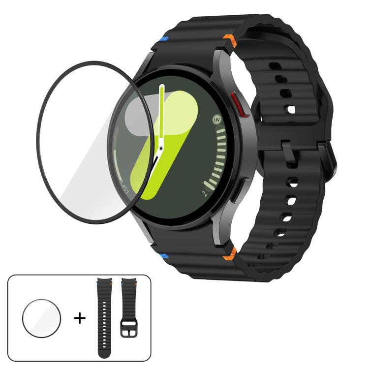 Pulseira de Silicone com Costura Ondulada e Filme Curvo 3D, Para Samsung Galaxy Watch4 Classic 46mm, Para Samsung Galaxy Watch4 Classic 42mm, Para Samsung Galaxy Watch5 Active 40mm, Para Samsung Galaxy Watch5 Active 44mm