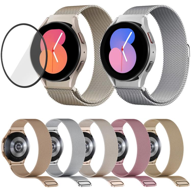 Correia de relógio em aço inoxidável magnético milanês com película curva 3D, para Samsung Galaxy Watch6 Classic 43mm, para Samsung Galaxy Watch5 44mm, para Samsung Galaxy Watch5 Pro 45mm, para Samsung Galaxy Watch5 40mm, para Samsung Galaxy Watch4 44mm