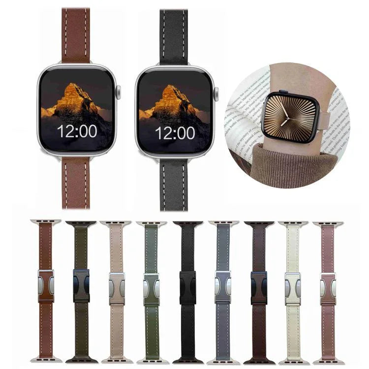 Bracelete em Pele Genuína Lisa de 14mm com Fivela Magnética, Para Apple Watch 46mm / 49mm / 45mm / 44mm, Para Apple Watch 42mm / 41mm / 40mm / 38mm