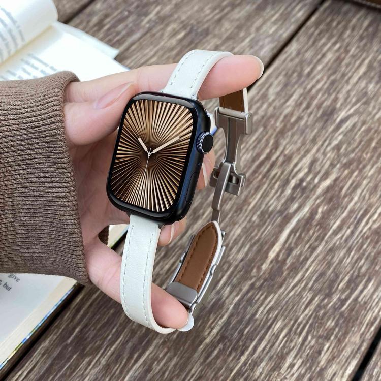 Bracelete em Pele Genuína Lisa de 14mm com Fivela Magnética, Para Apple Watch 46mm / 49mm / 45mm / 44mm, Para Apple Watch 42mm / 41mm / 40mm / 38mm