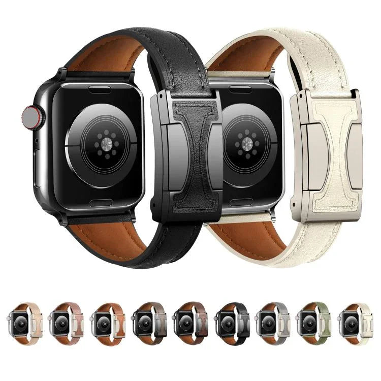 Bracelete em Pele Genuína Lisa com Fivela Magnética Pequena para Cintura, Para Apple Watch 46mm / 49mm / 45mm / 44mm, Para Apple Watch 42mm / 41mm / 40mm / 38mm