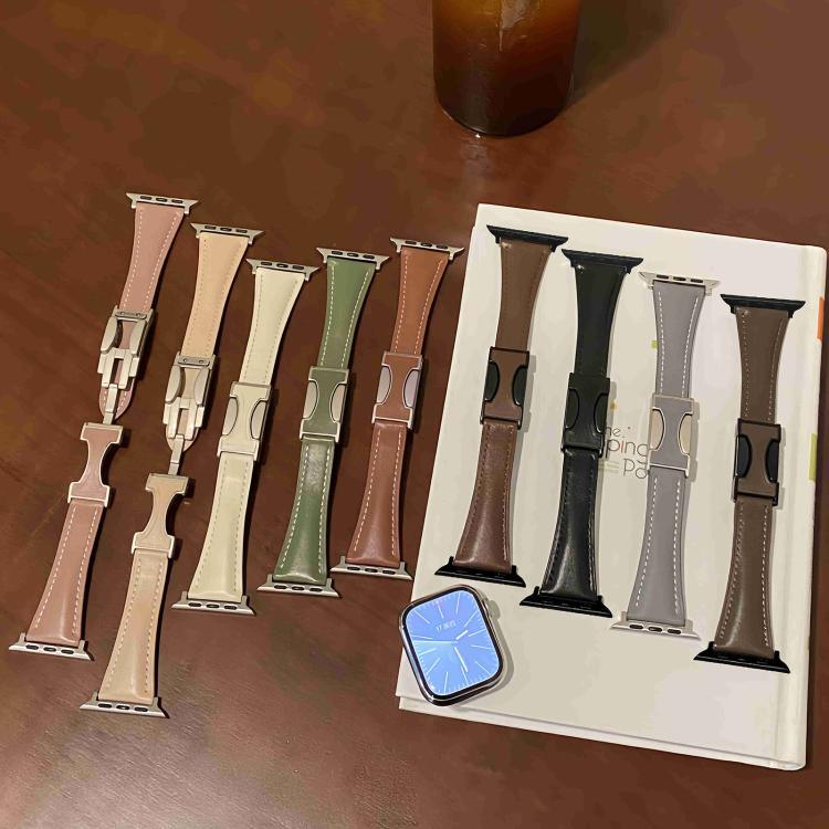 Bracelete em Pele Genuína Lisa com Fivela Magnética Pequena para Cintura, Para Apple Watch 46mm / 49mm / 45mm / 44mm, Para Apple Watch 42mm / 41mm / 40mm / 38mm