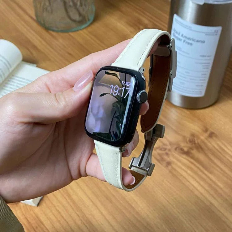 Bracelete em Pele Genuína Lisa com Fivela Magnética Pequena para Cintura, Para Apple Watch 46mm / 49mm / 45mm / 44mm, Para Apple Watch 42mm / 41mm / 40mm / 38mm