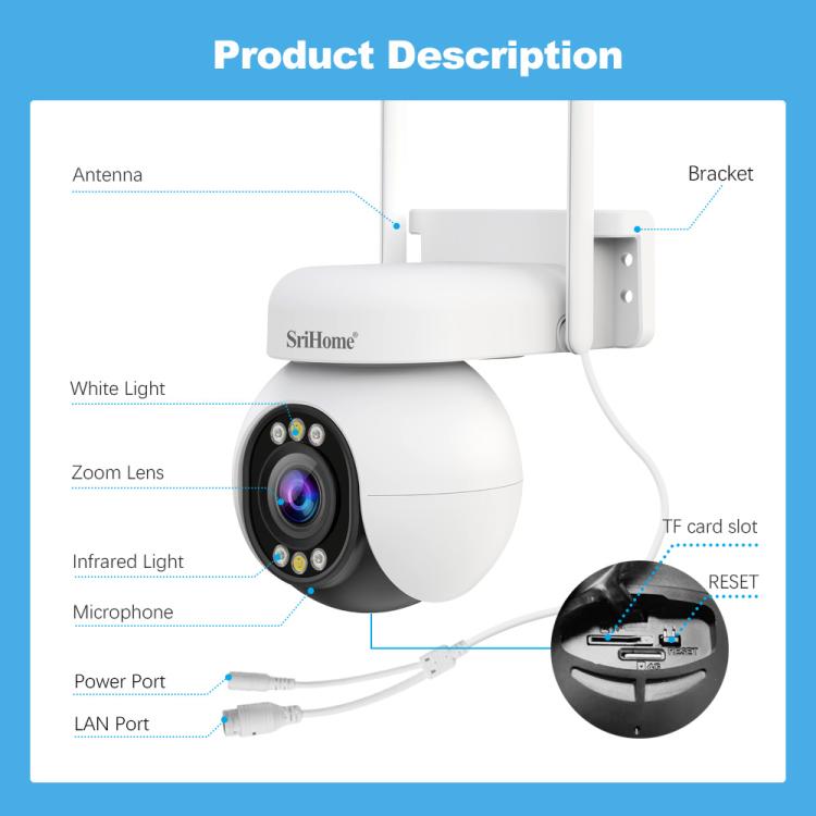 Câmara PTZ HD com Zoom Óptico 5X 4MP Srihome SH051, SH051
