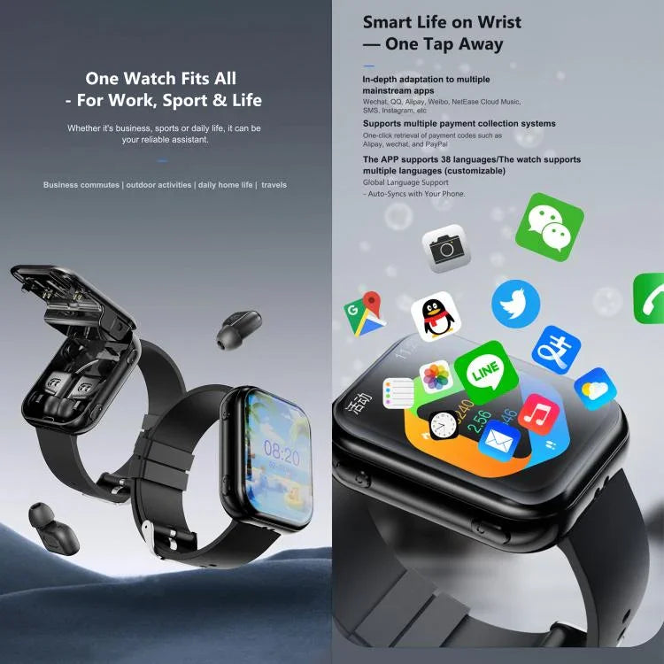 Relógio Inteligente T1 TWS com Auscultadores, Ecrã Quadrado de 1,8 polegadas, Suporta Chamadas Bluetooth / Frequência Cardíaca