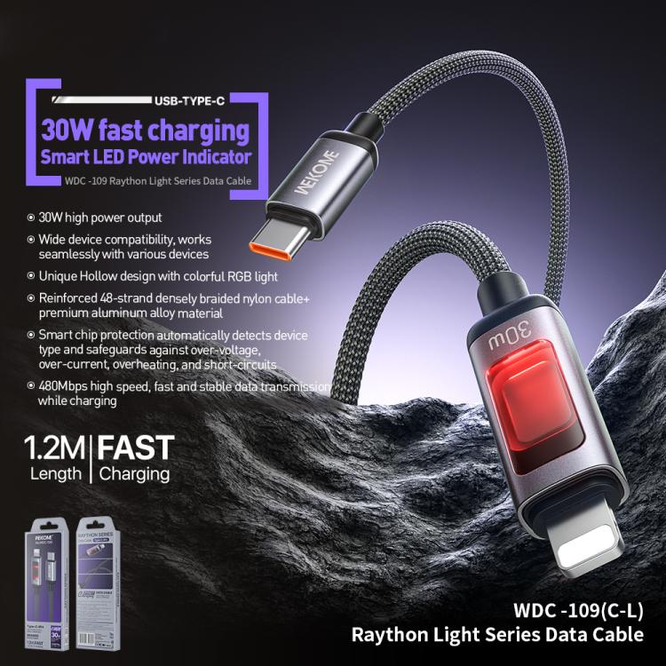 WK WDC-109 30W Cabo de Dados para Carregamento Rápido Tipo-C para 8 Pinos com Ecrã Digital Inteligente, Comprimento: 1,2m, WDC-109