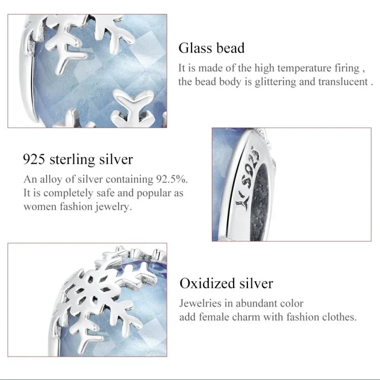 Contas de Prata Esterlina S925 Floco de Neve de Cristal Acessórios para Pulseira e Colar DIY, Floco de Neve