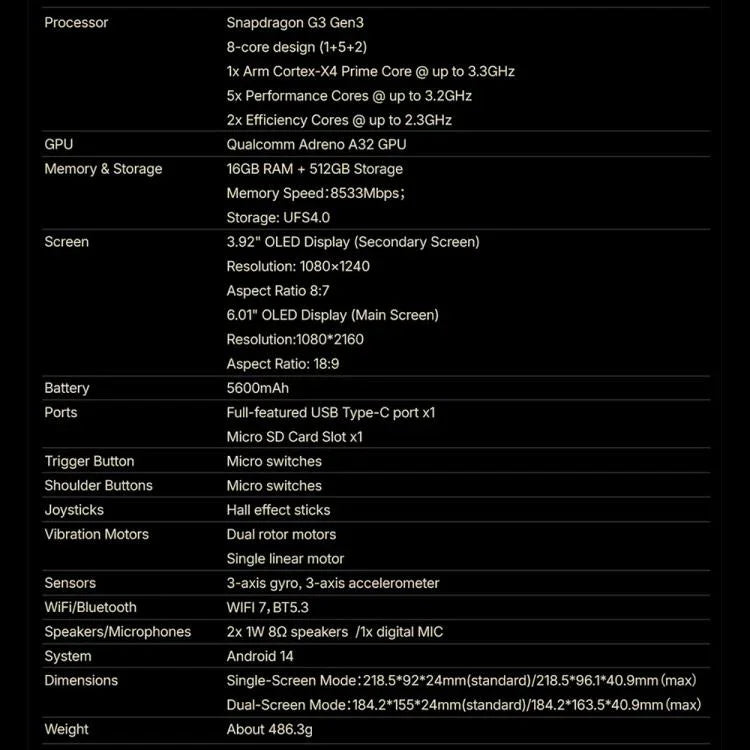 ONE-NETBOOK Sugar 1 Consola de Jogos Portátil com Ecrã Duplo, Android 14 Snapdragon G3 Gen3, 16GB+512GB