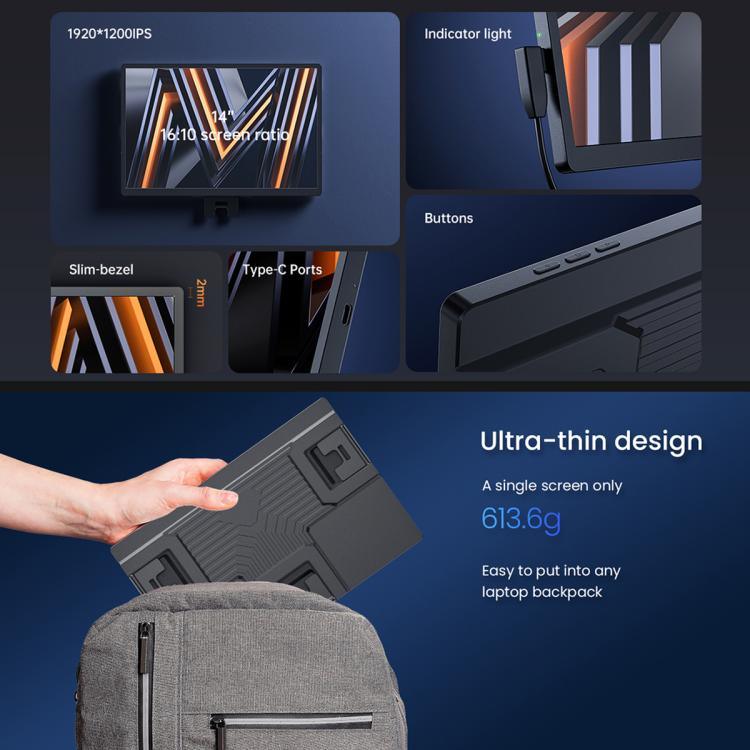 Arie 14 Monitor Portátil Triplo Expandido de 14 polegadas, Ficha US, Ficha UK, Ficha EU