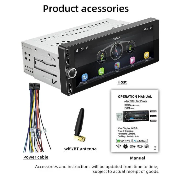 F6021 Leitor MP5 para Carro 1Din com Ecrã IPS de 6,86 polegadas Suporta CarPlay & Android Auto, F6021