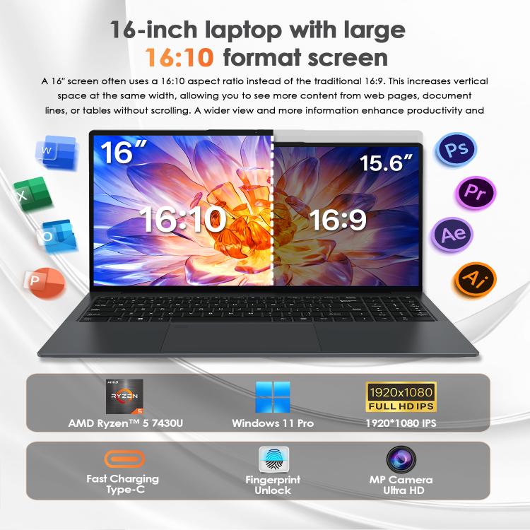 Portátil GXMO T160 16 polegadas Windows 11, 16GB+512GB, Processador AMD Ryzen 5 7430U Hexa Core, Ficha UE, Ficha US, Ficha UK, Ficha AU