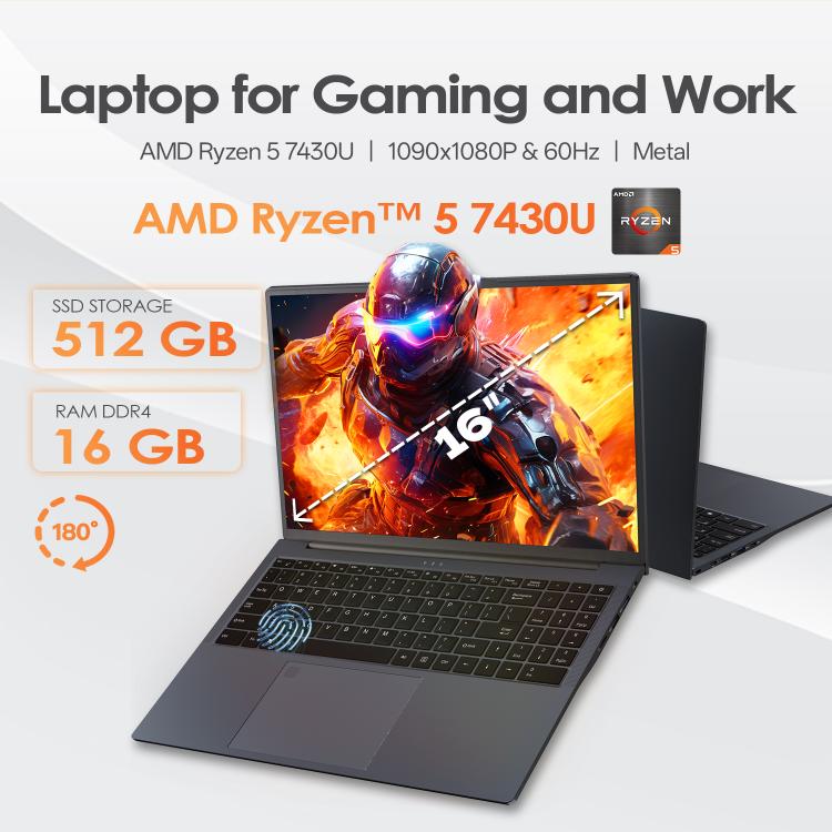 Portátil GXMO T160 16 polegadas Windows 11, 16GB+512GB, Processador AMD Ryzen 5 7430U Hexa Core, Ficha UE, Ficha US, Ficha UK, Ficha AU