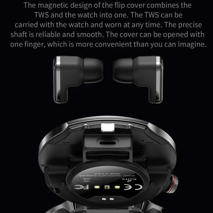 T100 1.85 inch Round Screen 2 in 1 Bluetooth Earphone IP67 Waterproof Smart Watch, Supports Blood Oxygen Monitoring