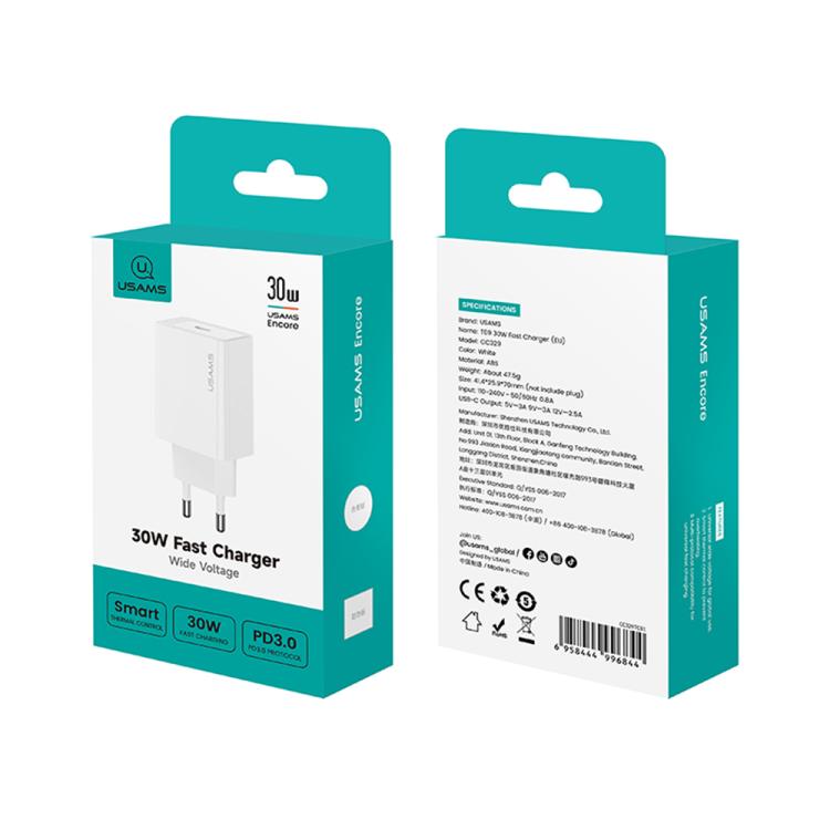 USAMS CC329 T69 PD Carregador Rápido de Porta Única 30W USB-C / Tipo-C, CC329