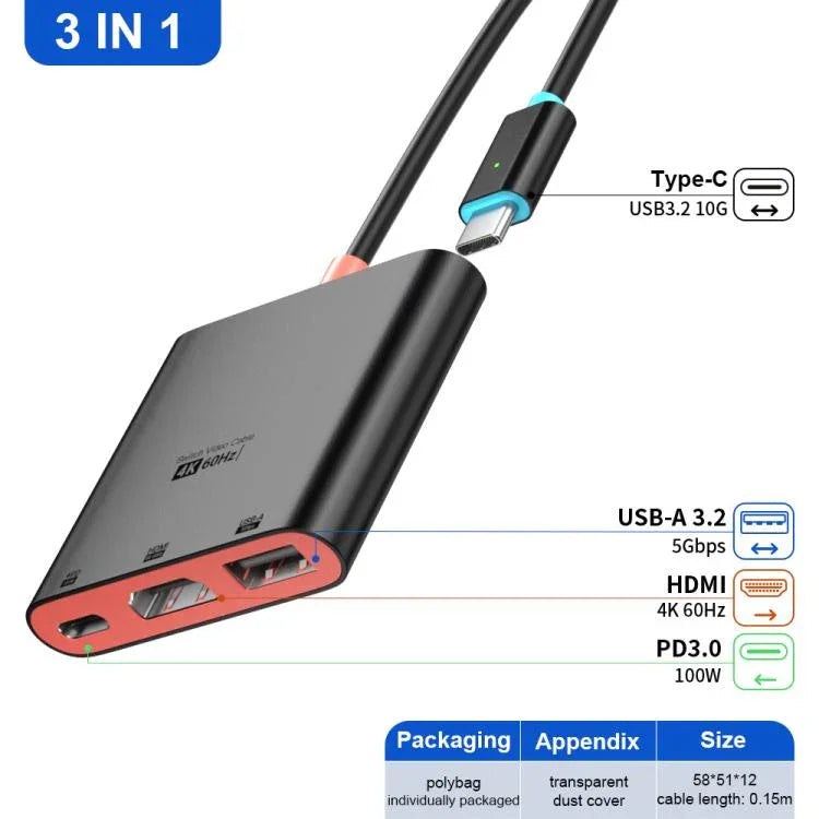 Estação de Ancoragem de Secretária 3 em 1 Tipo-C para HDMI + USB 3.0 + Porta de Carregamento Tipo-C PD, Para Nintendo Switch