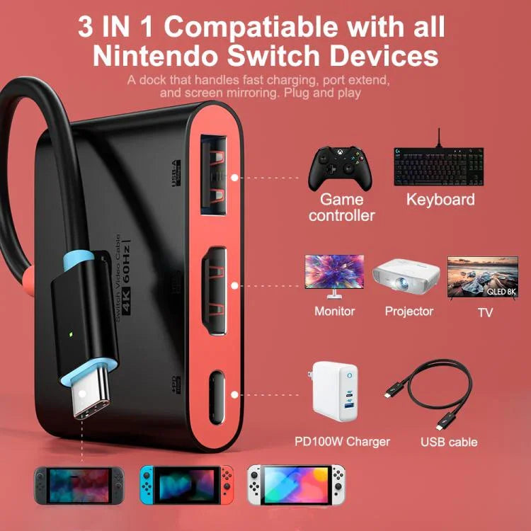 Estação de Ancoragem de Secretária 3 em 1 Tipo-C para HDMI + USB 3.0 + Porta de Carregamento Tipo-C PD, Para Nintendo Switch