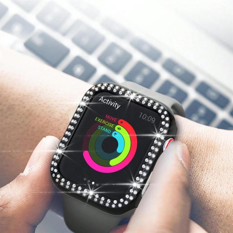 Capa de Relógio xDfind PC Oca com Dupla Fileira de Diamantes, Para Apple Watch Series 9 / 8 / 7 45mm, Para Apple Watch Series 9 / 8 / 7 41mm, Para Apple Watch Series 3 / 2 / 1 38mm, Para Apple Watch Series 3 / 2 / 1 42mm