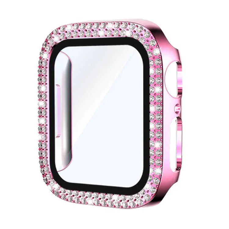 Capa de Relógio xDfind PC com Filme de Vidro Temperado e Dupla Fileira de Diamantes Integrado, Para Apple Watch Series 9 / 8 / 7 41mm, Para Apple Watch Series 3 / 2 / 1 38mm, Para Apple Watch Series 3 / 2 / 1 42mm