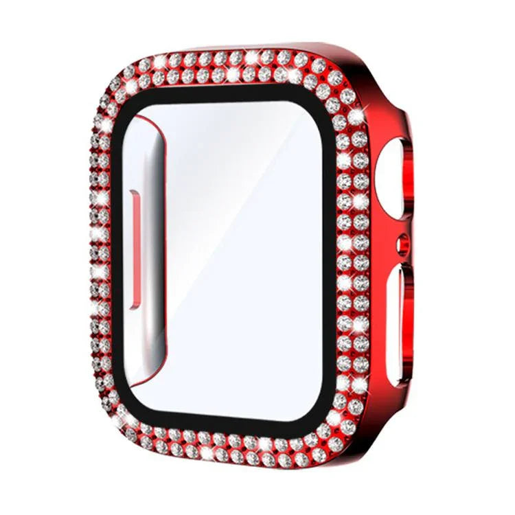 Capa de Relógio xDfind PC com Filme de Vidro Temperado e Dupla Fileira de Diamantes Integrado, Para Apple Watch Series 9 / 8 / 7 41mm, Para Apple Watch Series 3 / 2 / 1 38mm, Para Apple Watch Series 3 / 2 / 1 42mm