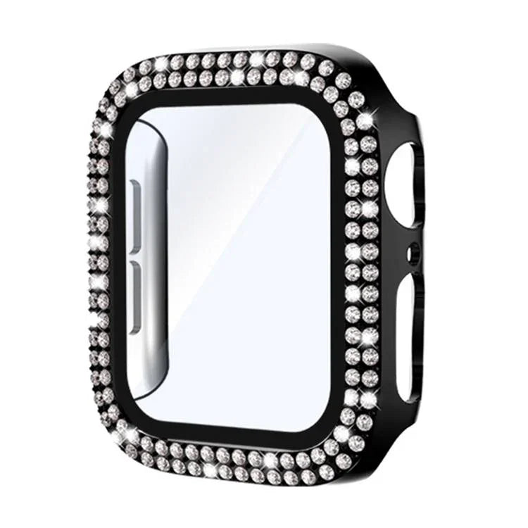 Capa de Relógio xDfind PC com Filme de Vidro Temperado e Dupla Fileira de Diamantes Integrado, Para Apple Watch Series 9 / 8 / 7 41mm, Para Apple Watch Series 3 / 2 / 1 38mm, Para Apple Watch Series 3 / 2 / 1 42mm