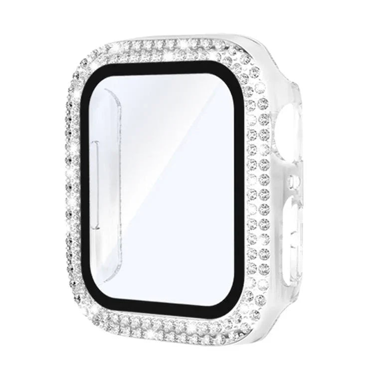 Capa de Relógio xDfind PC com Filme de Vidro Temperado e Dupla Fileira de Diamantes Integrado, Para Apple Watch Series 9 / 8 / 7 41mm, Para Apple Watch Series 3 / 2 / 1 38mm, Para Apple Watch Series 3 / 2 / 1 42mm