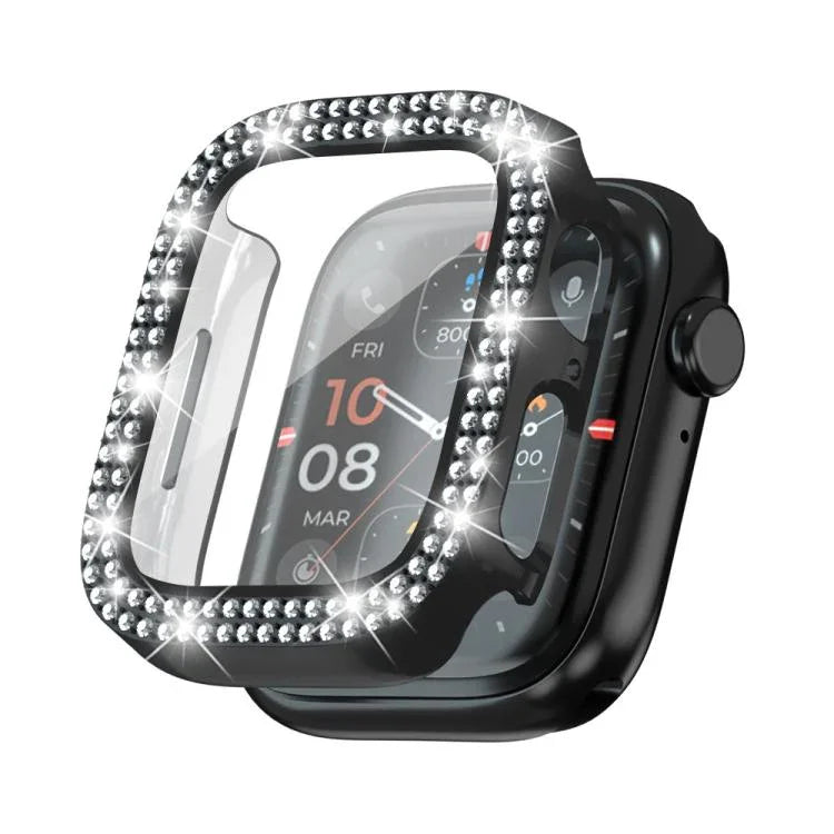 Capa de Relógio xDfind PC com Filme de Vidro Temperado e Dupla Fileira de Diamantes Integrado, Para Apple Watch Series 9 / 8 / 7 41mm, Para Apple Watch Series 3 / 2 / 1 38mm, Para Apple Watch Series 3 / 2 / 1 42mm