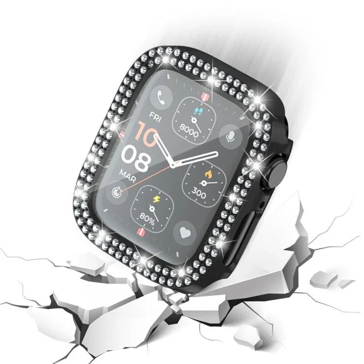 Capa de Relógio xDfind PC com Filme de Vidro Temperado e Dupla Fileira de Diamantes Integrado, Para Apple Watch Series 9 / 8 / 7 41mm, Para Apple Watch Series 3 / 2 / 1 38mm, Para Apple Watch Series 3 / 2 / 1 42mm