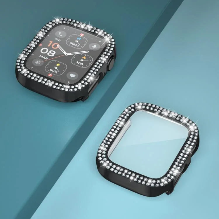 Capa de Relógio xDfind PC com Filme de Vidro Temperado e Dupla Fileira de Diamantes Integrado, Para Apple Watch Series 9 / 8 / 7 41mm, Para Apple Watch Series 3 / 2 / 1 38mm, Para Apple Watch Series 3 / 2 / 1 42mm