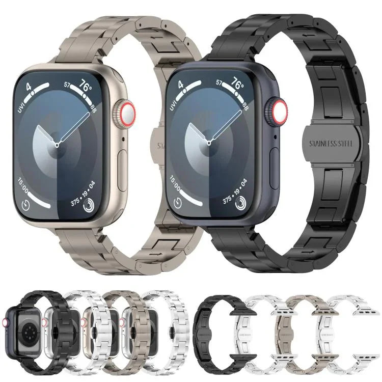 Pulseira de Relógio com Fivela Borboleta de Três Contas e Cintura Fina em Liga de Titânio, Para Apple Watch 46mm / 49mm / 45mm / 44mm, Para Apple Watch 42mm / 41mm / 40mm / 38mm