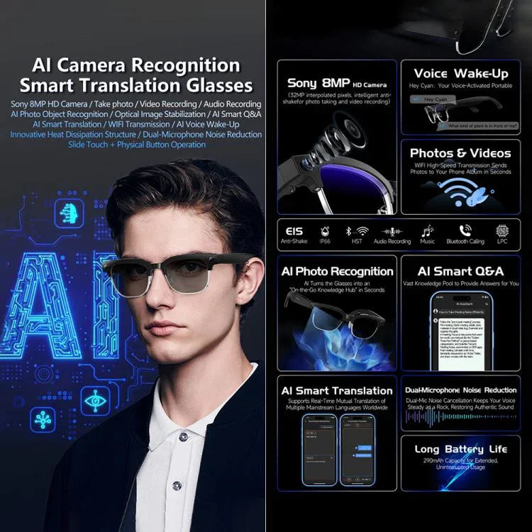 W630 Óculos inteligentes com reconhecimento fotográfico AI WiFi4 800W e chamada Bluetooth