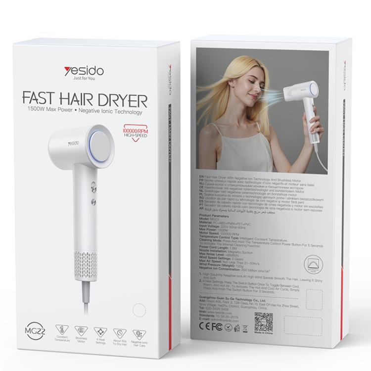 Secador de Cabelo Elétrico de Alta Velocidade Yesido MG22 1500W, Plugue UE, Plugue Reino Unido