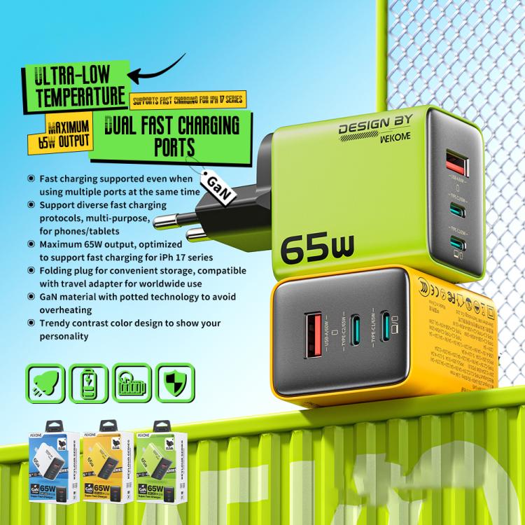 Carregador GaN WK WP-U45 Keylour 65W Type-Cx2, USB, Ficha EU, Ficha UK