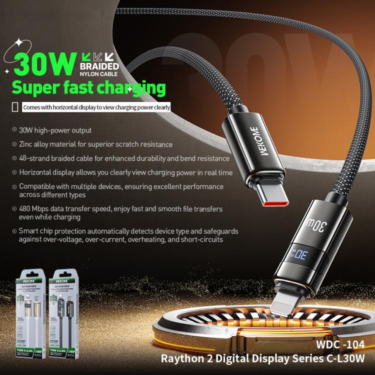 WK WDC-104 Raython 2 Cabo de Dados para Carregamento Rápido 30W Tipo-C para 8 Pinos com Ecrã Digital, Comprimento: 1,2m, WDC-104