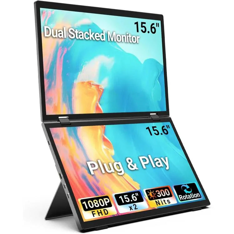 Monitor Portátil Dobrável de Dupla Tela 15,6 polegadas 1080P com Suporte, 15,6 polegadas 1080P