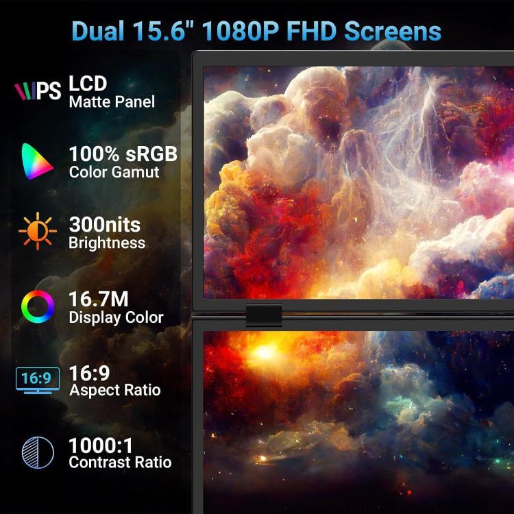 Monitor Portátil Dobrável de Dupla Tela 15,6 polegadas 1080P com Suporte, 15,6 polegadas 1080P