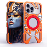 Capa de telemóvel metálica oca MagSafe com suporte giratório e cordão, para iPhone 17e / 16e, para iPhone 17 Pro Max, para iPhone 17 Pro, para iPhone 17, para iPhone 16 Pro Max, para iPhone 16 Pro, para iPhone 16 Plus, para iPhone 16
