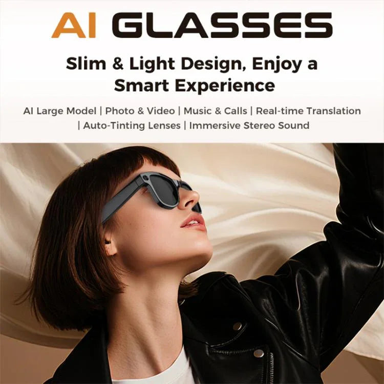 Óculos Inteligentes AI M02 Ultra com Câmara de 8MP e Lentes Fotocromáticas, com Estojo de Carregamento Preto, com Estojo de Carregamento Castanho