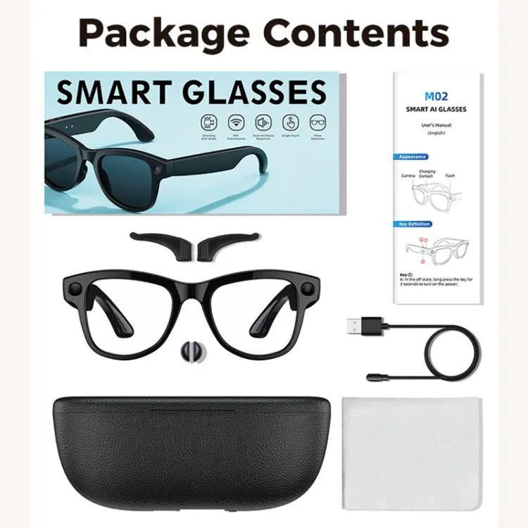 Óculos Inteligentes AI M02 Ultra com Câmara de 8MP e Lentes Fotocromáticas, com Estojo de Carregamento Preto, com Estojo de Carregamento Castanho