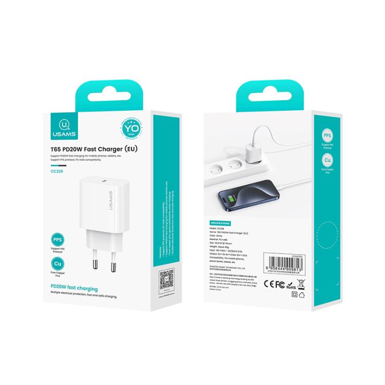 Carregador Rápido de Porta Única USB-C / Type-C USAMS CC226 T65 PD20W, Ficha EU, CC226