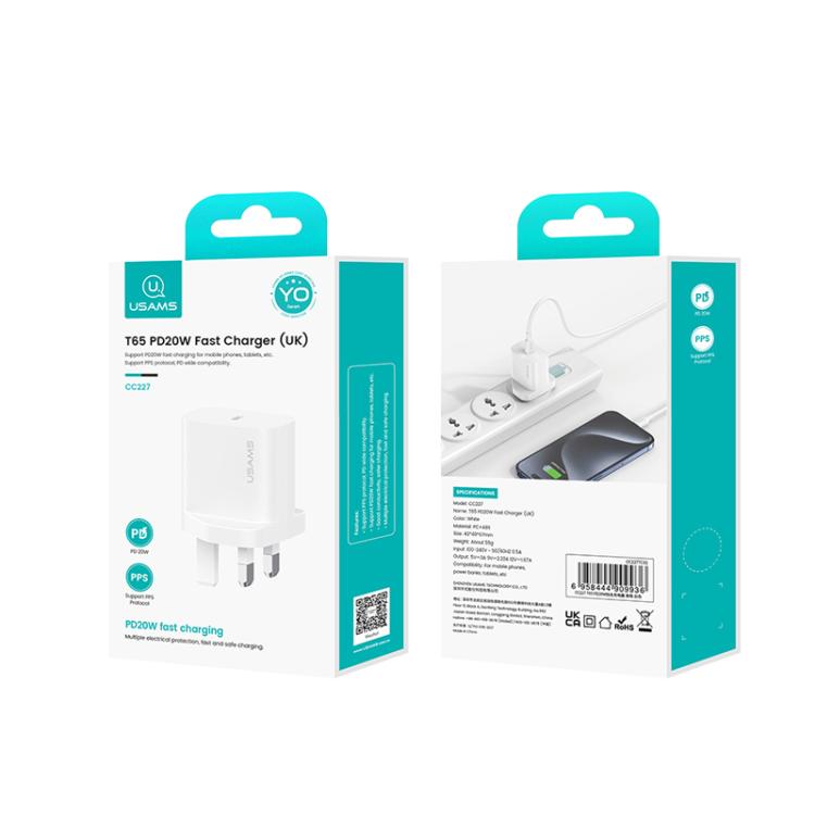 Carregador Rápido de Porta Única USB-C / Type-C USAMS CC227 T65 PD20W, Ficha UK, CC227