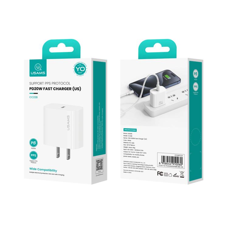 Carregador Rápido de Porta Única USB-C / Type-C USAMS CC228 T65 PD20W, Ficha US, CC228