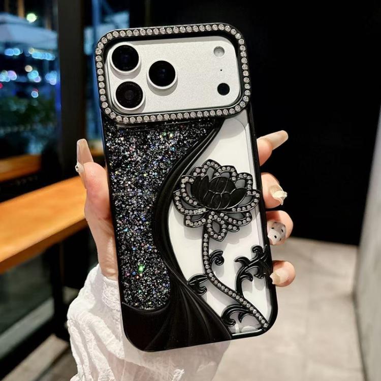 Electroplated TPU Lotus Hollow-carved  Rhinestone Glitter Phone Case, For iPhone 17 Pro Max, For iPhone 17 Pro, For iPhone 17, For iPhone 16 Pro Max, For iPhone 16 Pro, For iPhone 16, For iPhone 15 Pro Max, For iPhone 15 Pro
