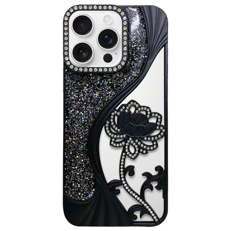 Electroplated TPU Lotus Hollow-carved  Rhinestone Glitter Phone Case, For iPhone 17 Pro Max, For iPhone 17 Pro, For iPhone 17, For iPhone 16 Pro Max, For iPhone 16 Pro, For iPhone 16, For iPhone 15 Pro Max, For iPhone 15 Pro