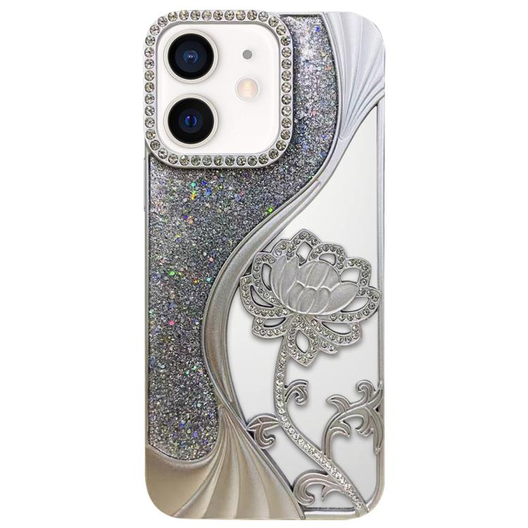 Capa para telemóvel em TPU eletroplatinado com padrão de lótus recortado e glitter de strass, para iPhone 12 Pro Max, para iPhone 12 Pro, para iPhone 11 Pro Max, para iPhone 11