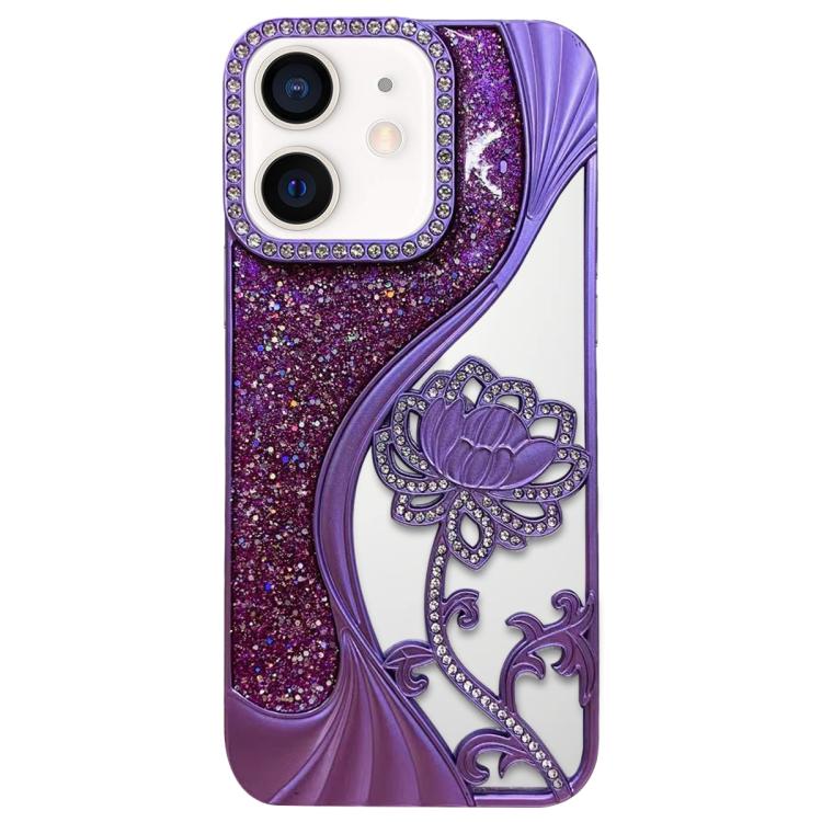 Capa para telemóvel em TPU eletroplatinado com padrão de lótus recortado e glitter de strass, para iPhone 12 Pro Max, para iPhone 12 Pro, para iPhone 11 Pro Max, para iPhone 11